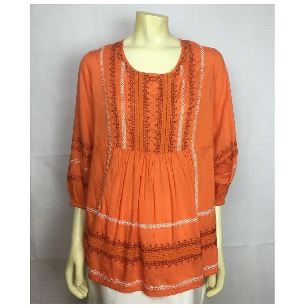Reba Embroidered Women Top Orange 3/4 Sleeve Blouse Size: L